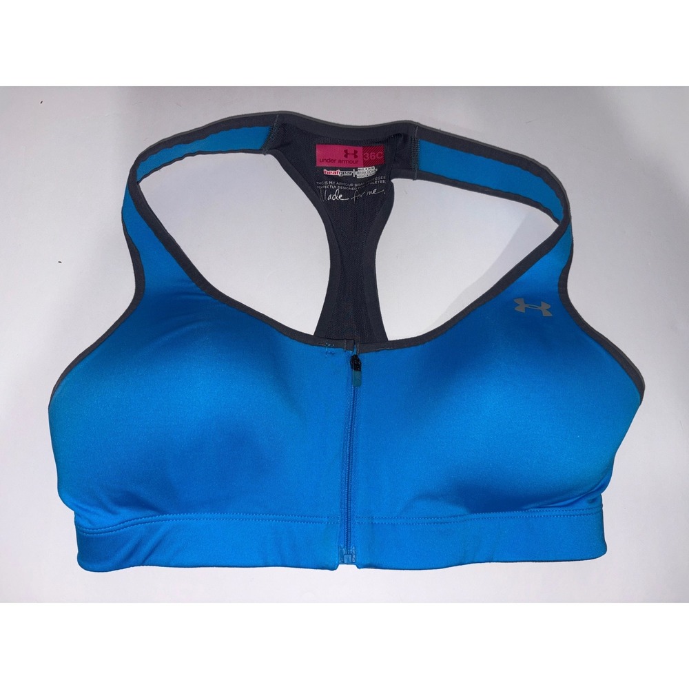 Under Armour HeatGear Blue Front Zip High Impact Sports Bra 36C Racerback